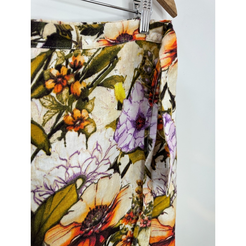 Chico's 100% Linen Floral Faux Wrap Tie Skirt Size 2P US 12 14 Petite Resortwear - Picture 7 of 9